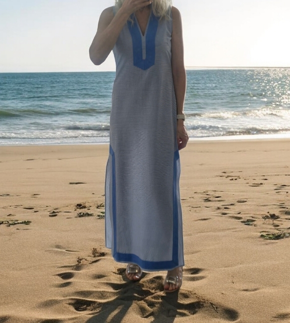 Dresses & Skirts - STS SAIL TO SABLE Column Notch Collar Sleeveless Maxi Dress Blue White Striped